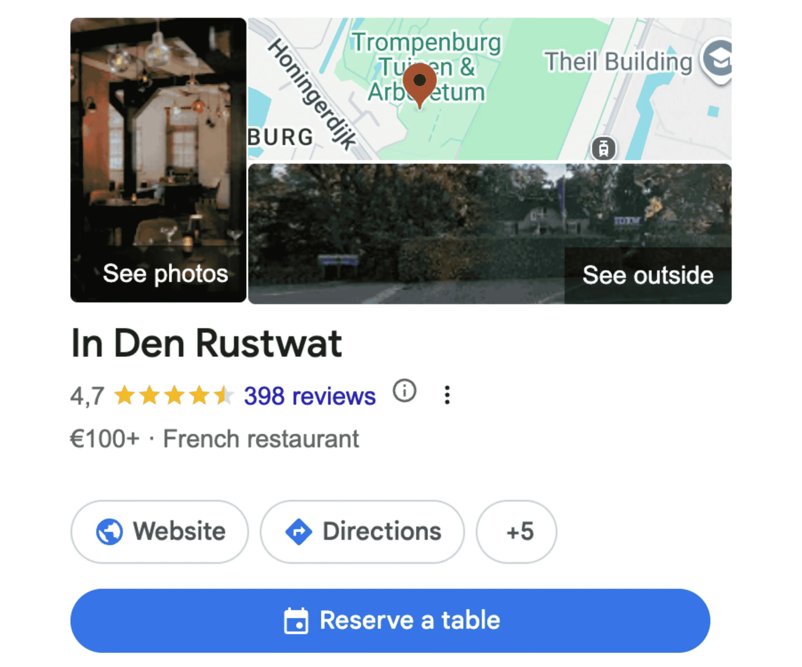Profil restaurace na Googlu s tlačítkem Rezervovat stůl