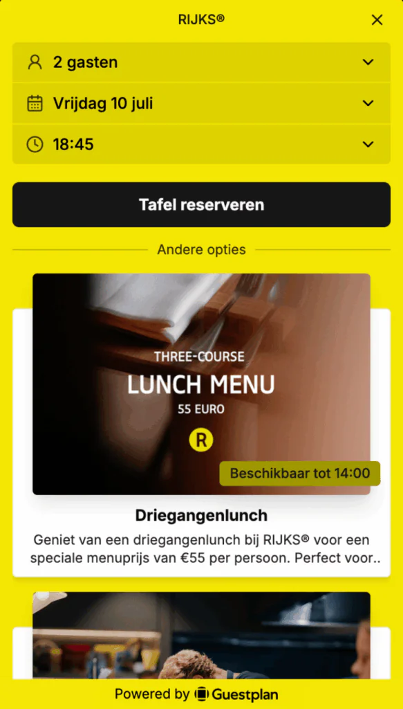 Rezervační widget Guestplan na vašem webu s počtem hostů, datem, časem a nabídkami